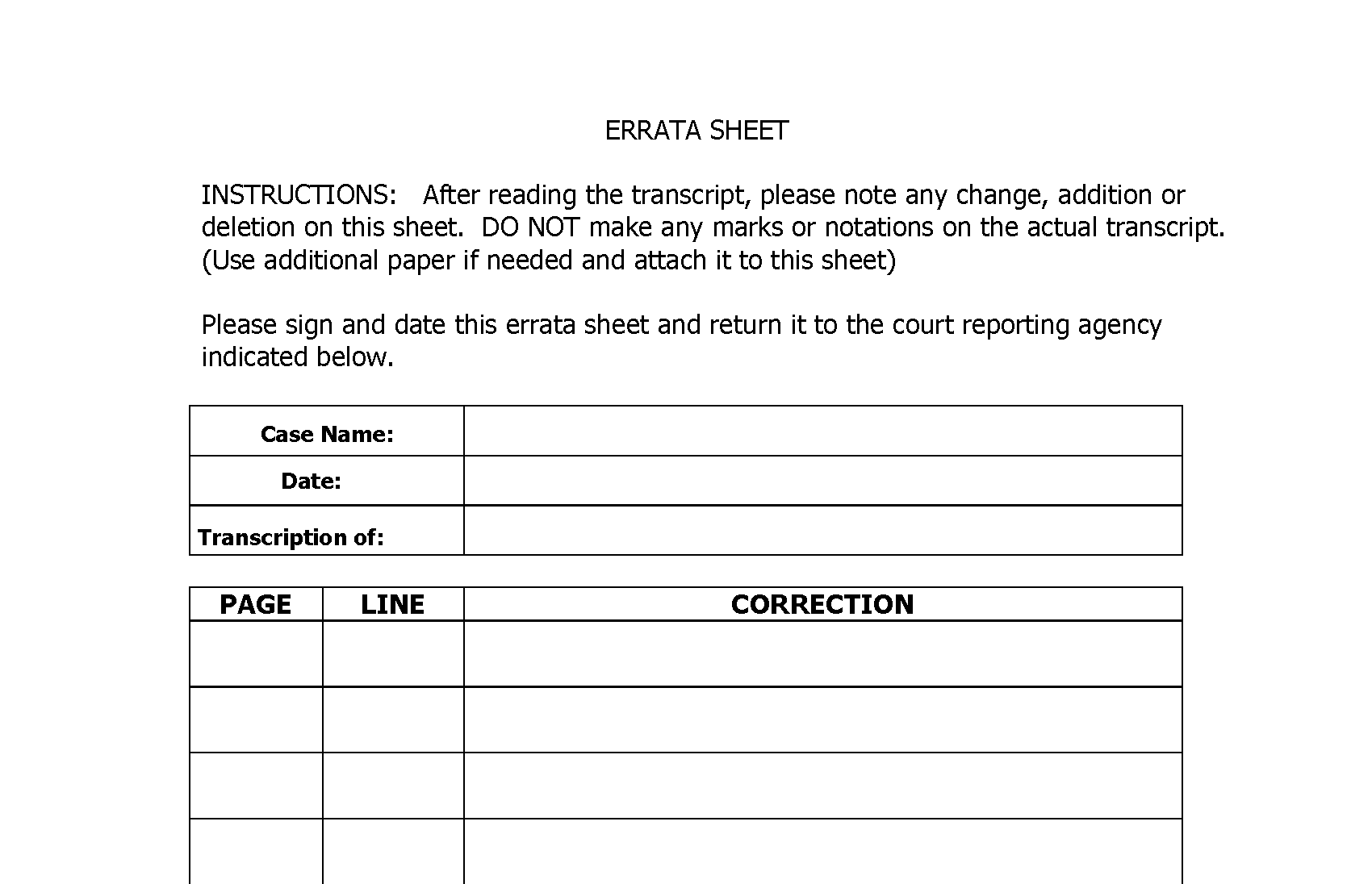 Errata sheet for court reporting errors and transcription mistakes